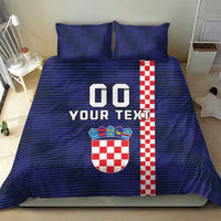 Blue striped duvet cover set with "00 YOUR TEXT" and tall checkerboard side graphic