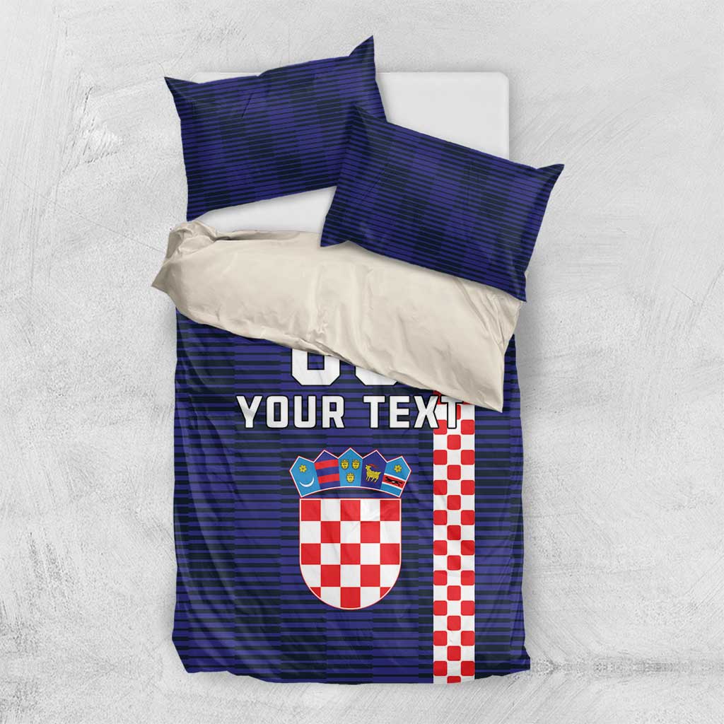 Blue striped duvet cover set with "00 YOUR TEXT" Croatian shield and checkered side panel