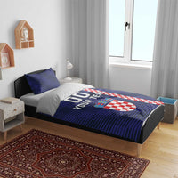 Blue striped duvet cover set featuring "00 YOUR TEXT" and Croatian shield graphic