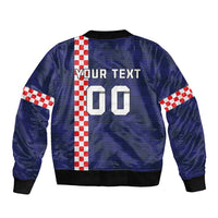 Unisex blue bomber jacket back with checkered stripe, 'YOUR TEXT' and 00