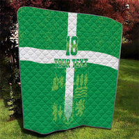 Green quilt blanket with white cross center, number 18, and custom text lettering