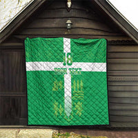 Green quilt blanket with white cross, number 18, and your custom text, hanging