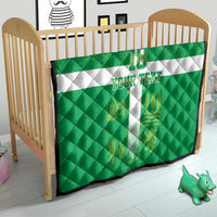 Green quilt blanket for crib with white cross, number 18, and custom text