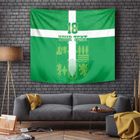 Green custom football tapestry with white cross, crest, and 'YOUR TEXT' above 18
