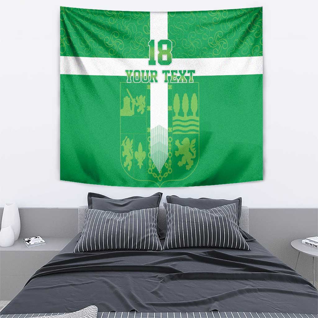 Green tapestry wall hanging with white band, crest, 'YOUR TEXT', and large 18