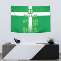 Green Basque-style football tapestry with white cross, crest, 'YOUR TEXT', and 18