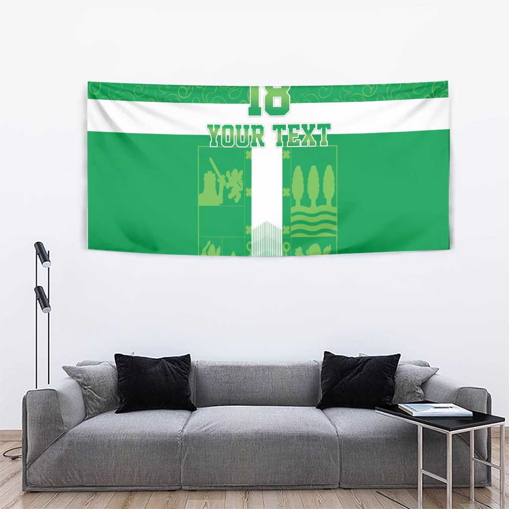 Green custom tapestry with white cross stripe, crest, 'YOUR TEXT', and 18