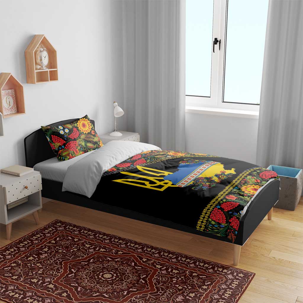 Petrykivka Ukrainian Folk Pattern Bedding Set Golden Trident With Map