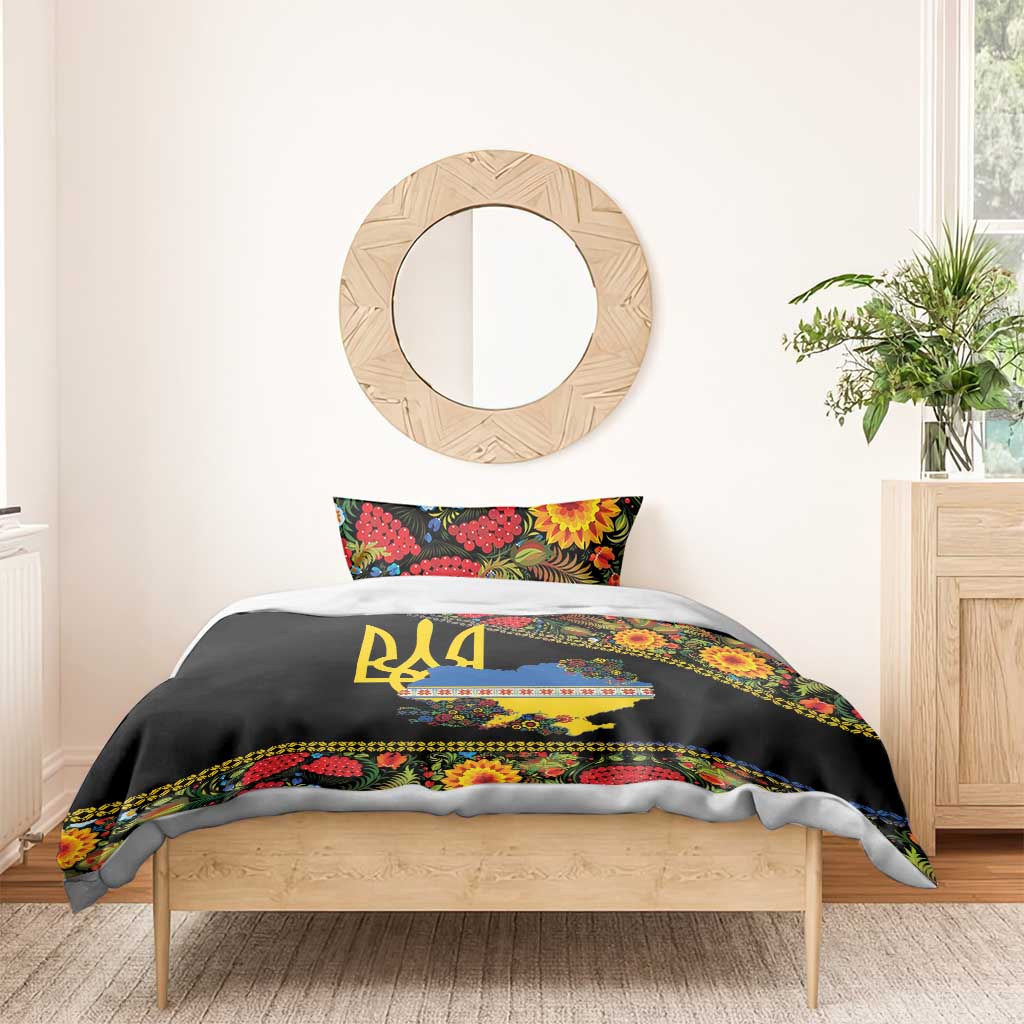 Petrykivka Ukrainian Folk Pattern Bedding Set Golden Trident With Map