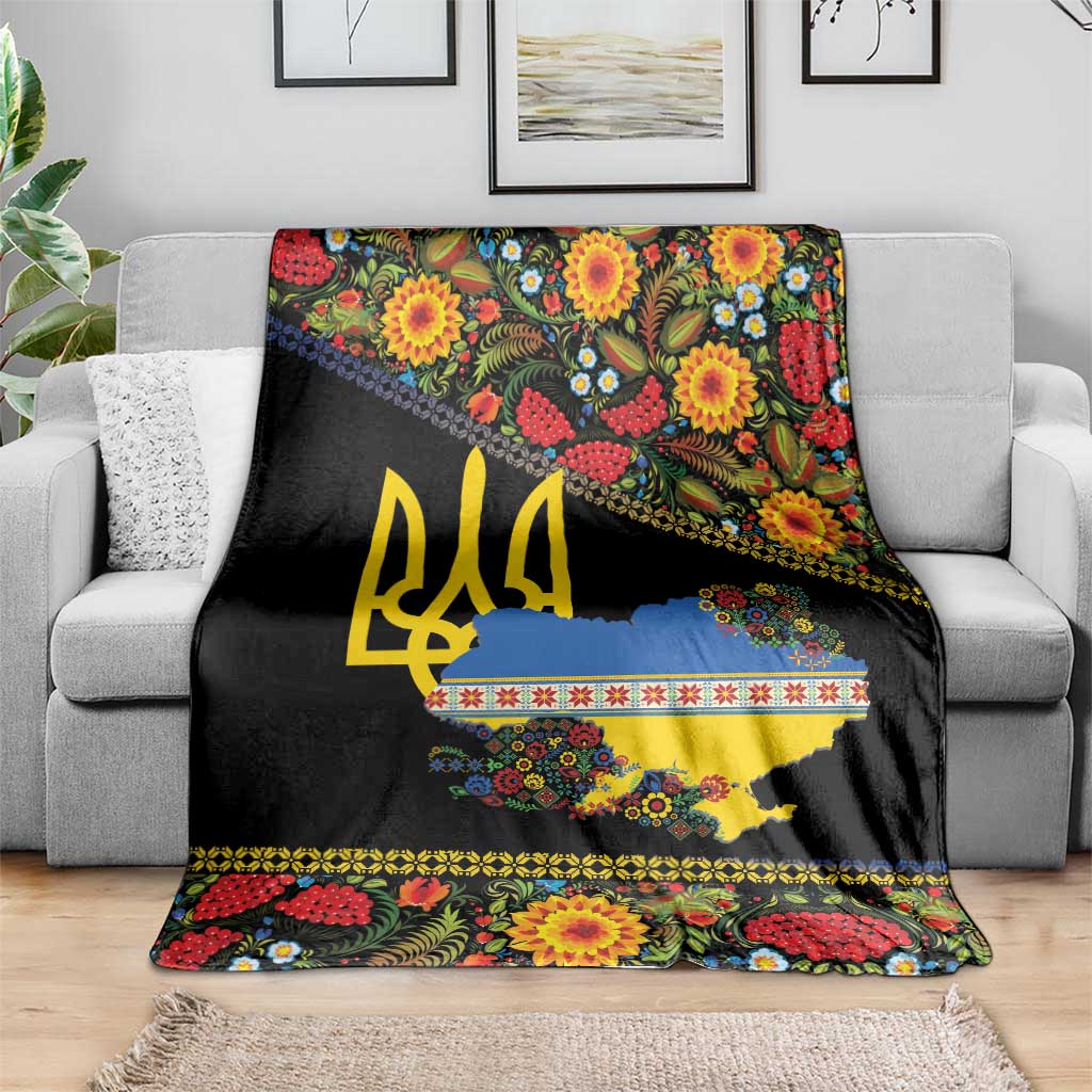 Petrykivka Ukrainian Folk Pattern Blanket Golden Trident With Map