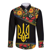 Petrykivka Ukrainian Folk Pattern Long Sleeve Button Shirt Golden Trident With Map