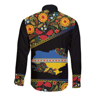 Petrykivka Ukrainian Folk Pattern Long Sleeve Button Shirt Golden Trident With Map