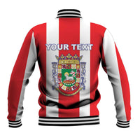 Red and white striped baseball jacket with coat of arms crest on back, YOUR TEXT