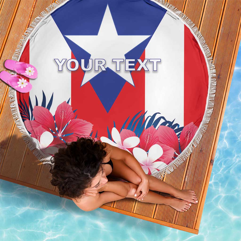 Round Puerto Rico beach blanket showing flag star center, pink and white flower print