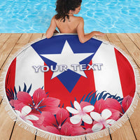 Round Puerto Rico beach blanket with central star flag and pink tropical flower design
