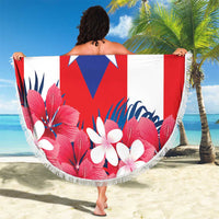 Puerto Rico beach blanket with flag star, pink flowers, and white fringe border