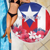 Puerto Rico beach blanket with flag star center, pink floral print, and white fringe
