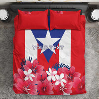 Red bedding set with Puerto Rico flag design, floral bottom panel, and two matching pillows