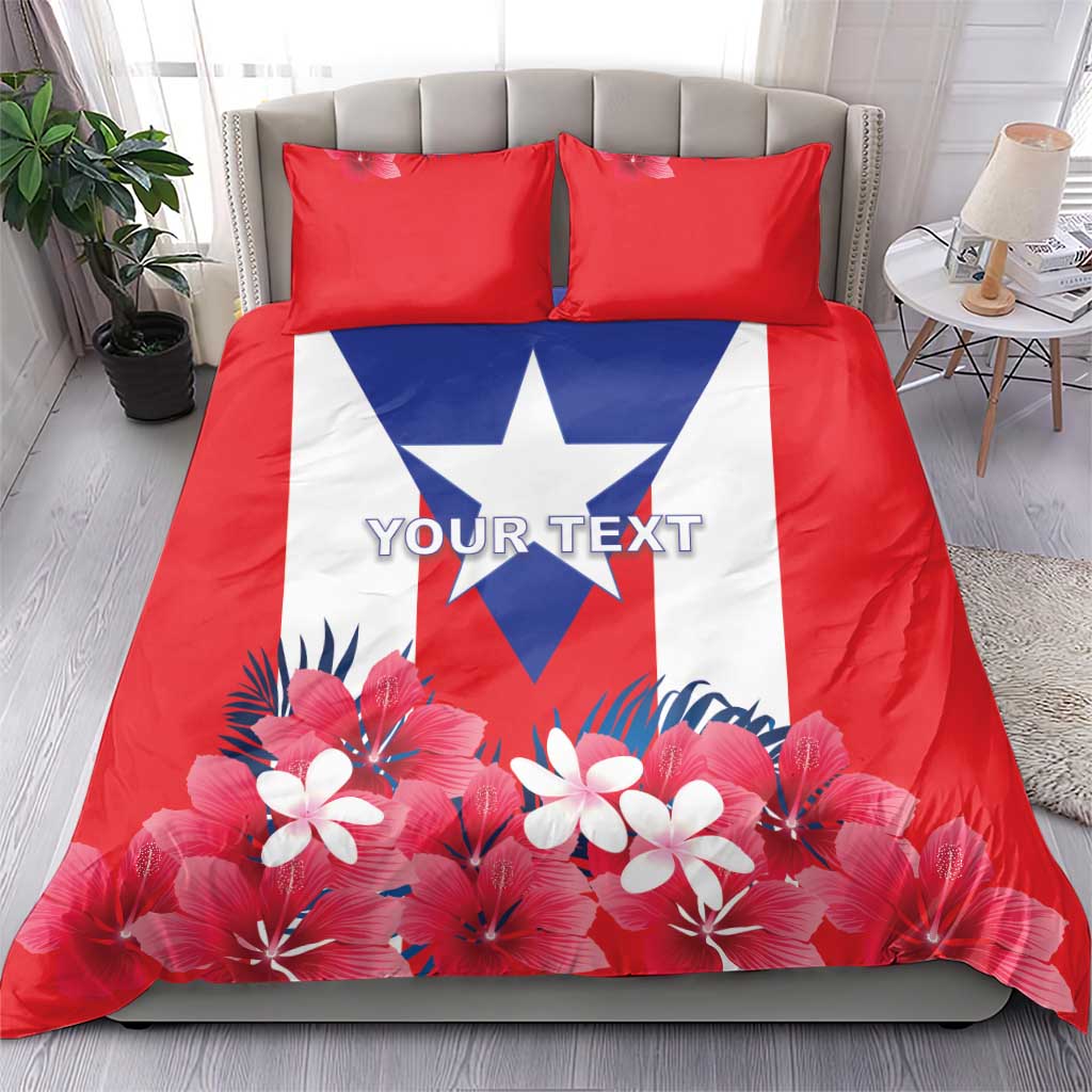 Red Puerto Rico flag bedding set with floral hibiscus print on duvet cover and two pillows