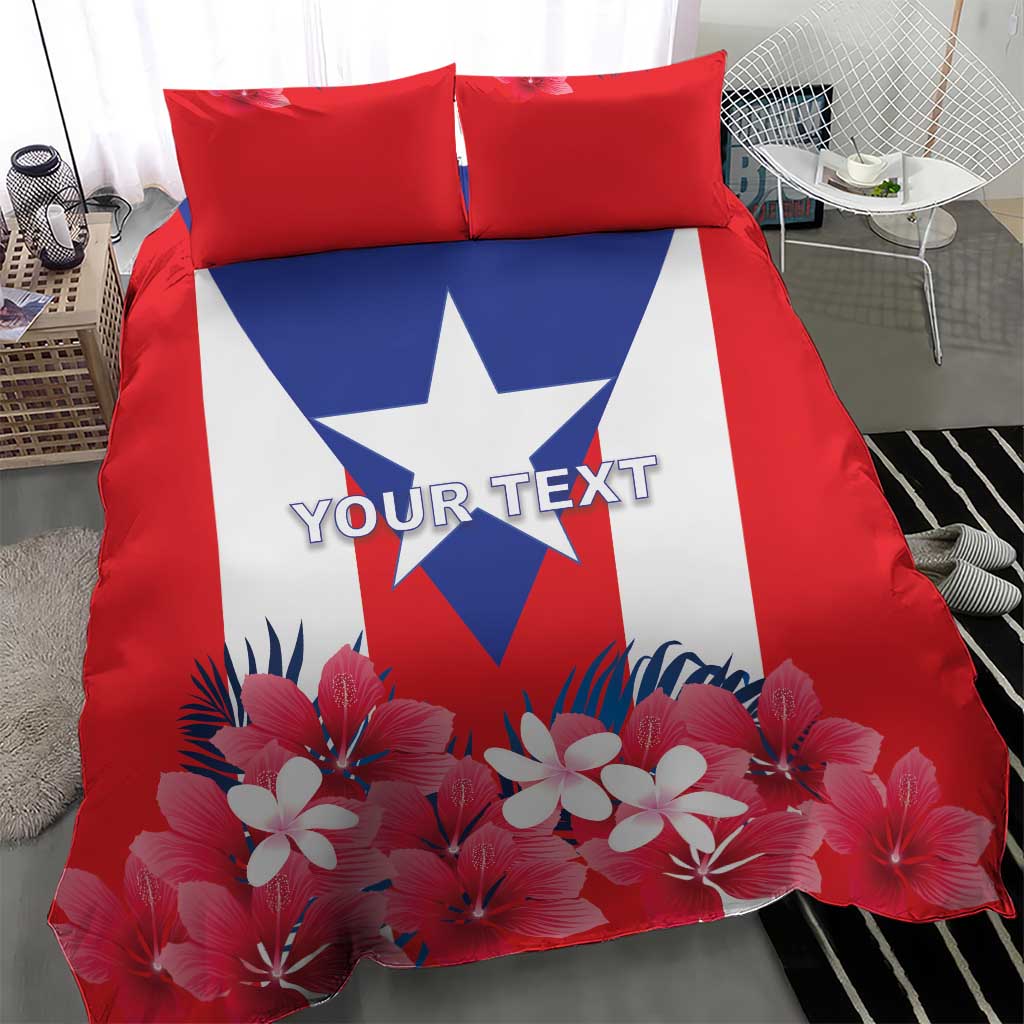 Red Puerto Rico flag bedding set with hibiscus flower print on duvet cover and two pillowcases