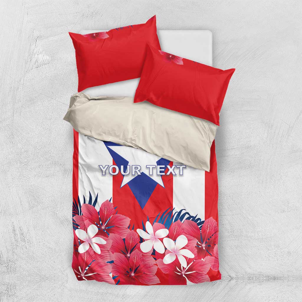 Red and white bedding set with Puerto Rico flag center and hibiscus floral bottom, two pillows