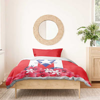 Red Puerto Rico flag bedding set with hibiscus flower print on duvet and coordinating pillows
