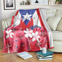 Personalized Puerto Rico coat of arms blanket, red blue white floral with 'YOUR TEXT'.