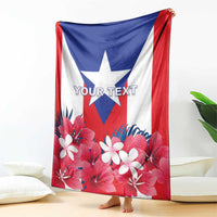 Personalized Puerto Rico blanket with star emblem, red blue white hibiscus flowers, 'YOUR TEXT'.