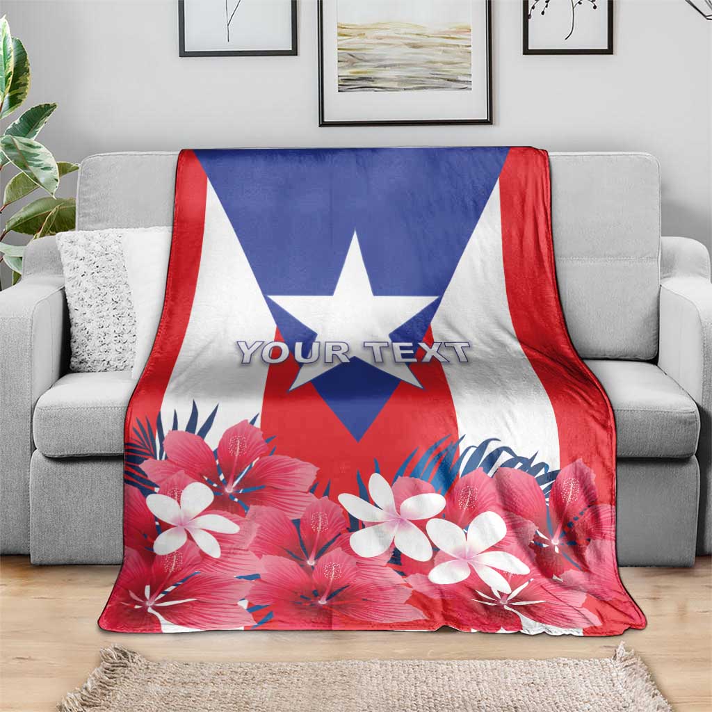 Personalized Puerto Rico blanket with star and hibiscus flowers in red, blue, and white, 'YOUR TEXT'.