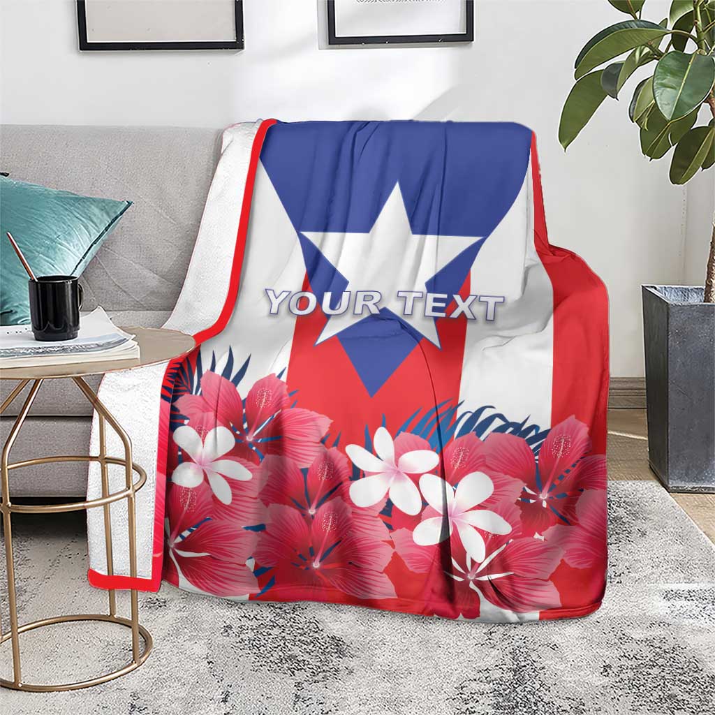 Personalized Puerto Rico blanket with star emblem and hibiscus flowers, red blue white, 'YOUR TEXT'.