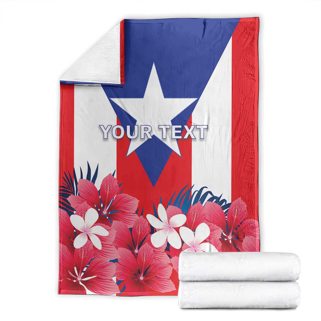 Personalized Puerto Rico coat of arms blanket with 'YOUR TEXT', red blue white floral design.