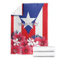 Personalized Puerto Rico coat of arms blanket with 'YOUR TEXT', red blue white floral design.