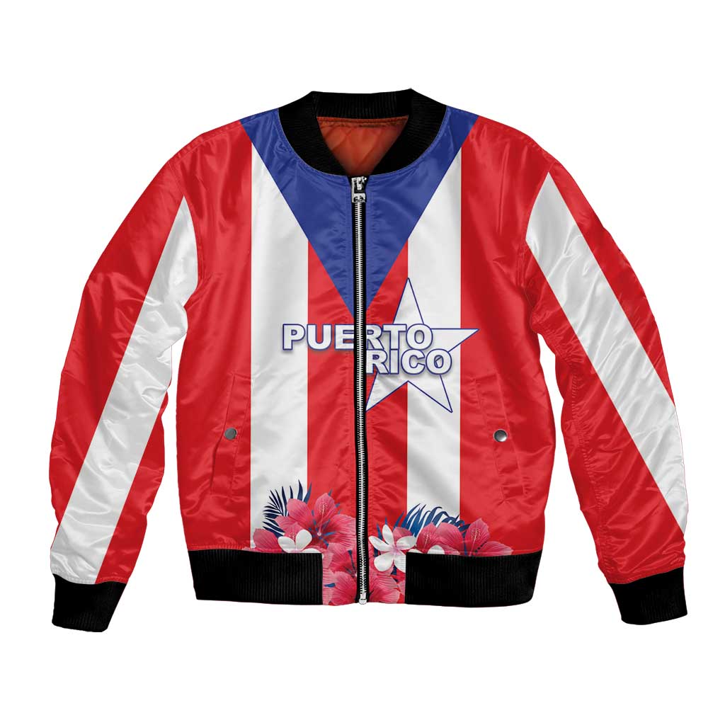 Red striped bomber jacket with Puerto Rico logo, zip front, black ribbed cuffs