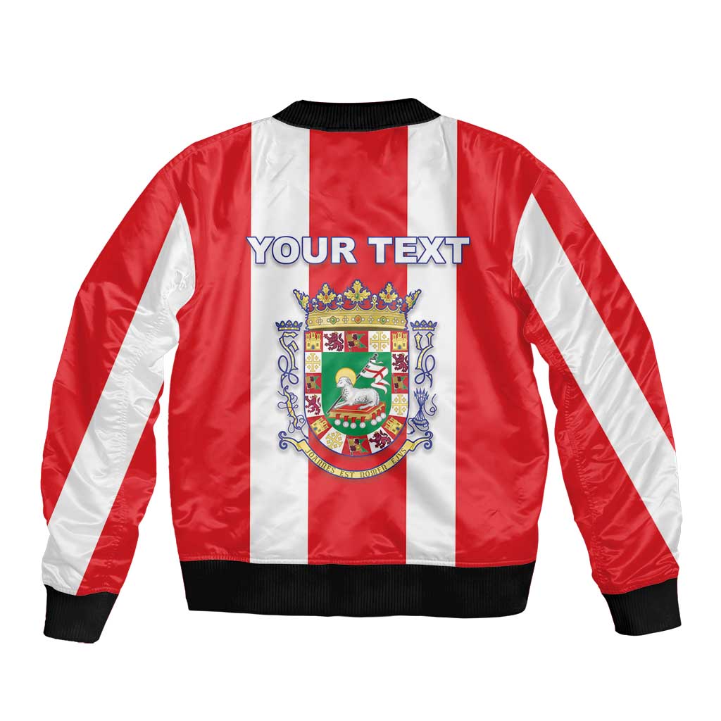 Red and white striped bomber jacket with Puerto Rico crest and 'Your Text' on back