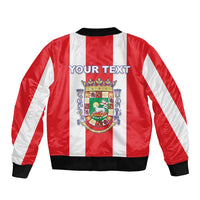 Red and white striped bomber jacket with Puerto Rico crest and 'Your Text' on back