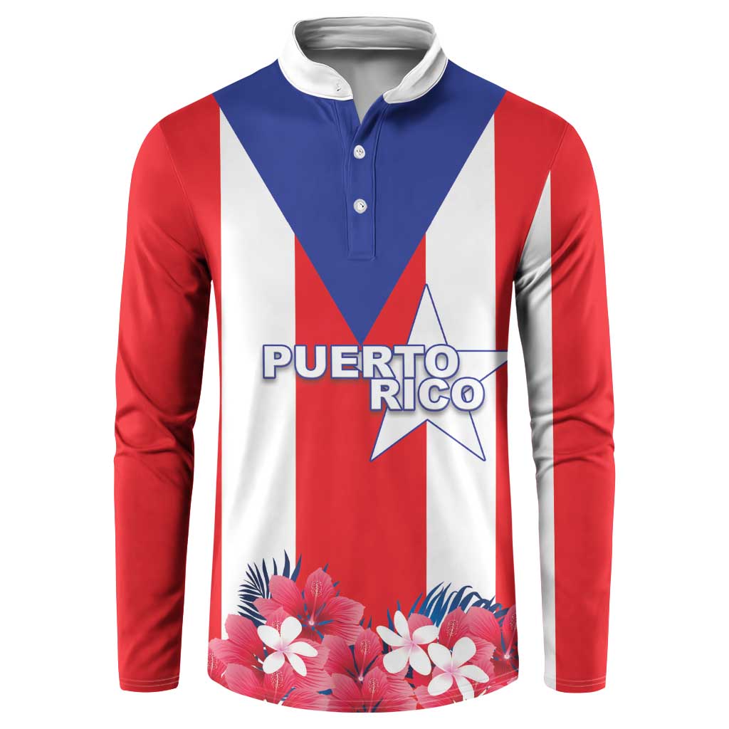 Red, white and blue striped long-sleeve polo with white collar, buttons, star and floral print