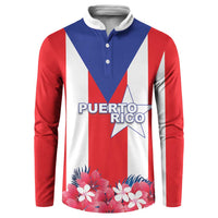 Red, white and blue striped long-sleeve polo with white collar, buttons, star and floral print