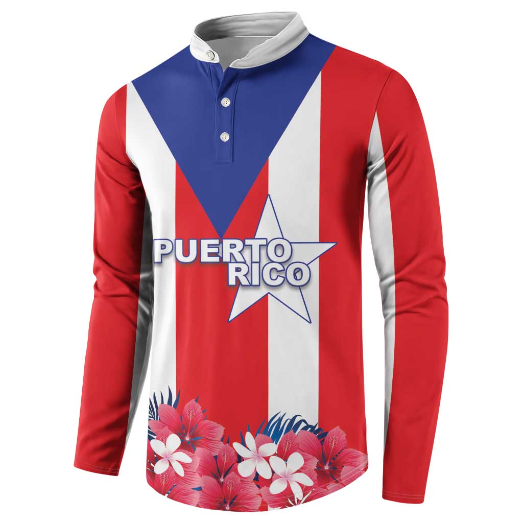 Red, white and blue striped long-sleeve polo with button placket, Puerto Rico star and flowers