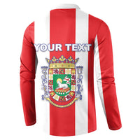 Red and white striped long-sleeve sweatshirt with crest graphic on back panel