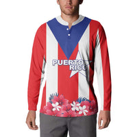 Red, white and blue striped long-sleeve polo with Puerto Rico star logo and floral bottom