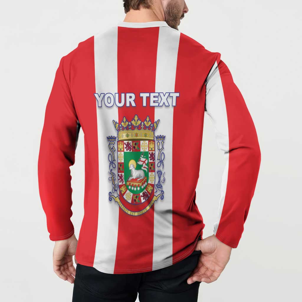 Red and white striped long-sleeve sweatshirt with crest graphic on back