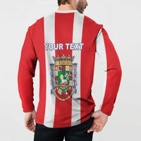 Red and white striped long-sleeve sweatshirt with crest graphic on back