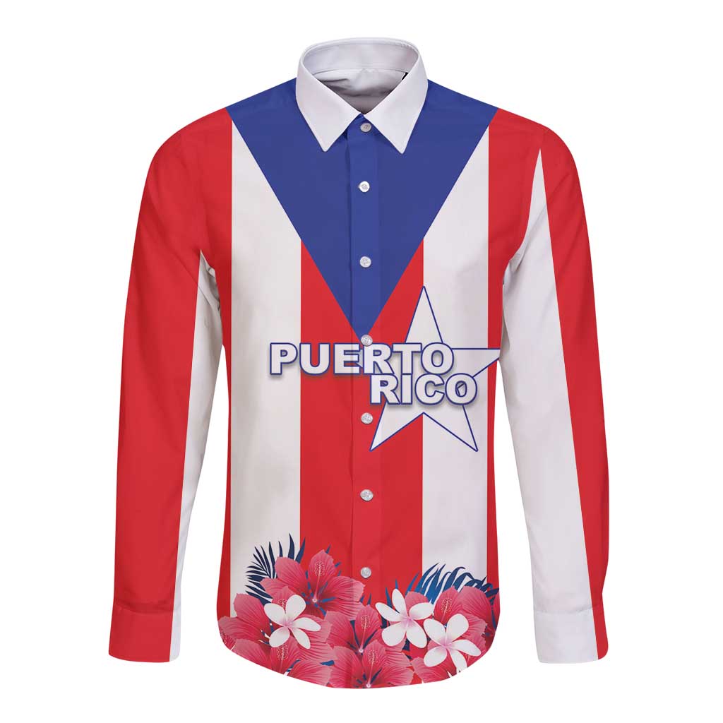 Red-and-white striped long-sleeve button shirt with blue Puerto Rico crest and flowers