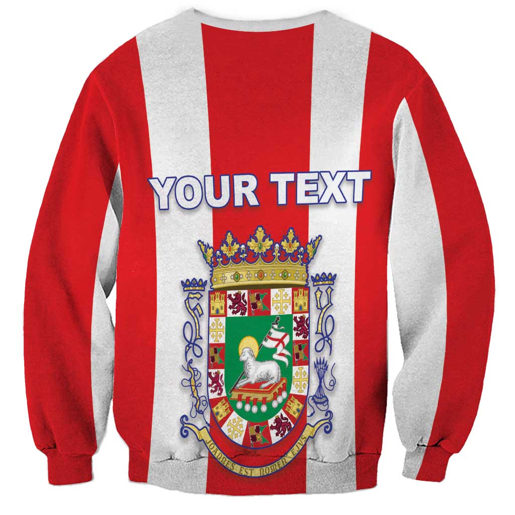 Unisex red-and-white striped sweatshirt with Puerto Rico coat of arms and Your Text print