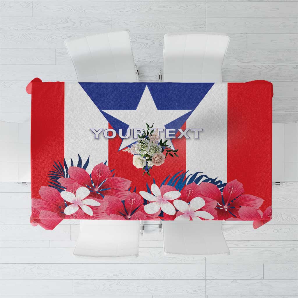 Puerto Rico coat of arms tablecloth, red and blue with hibiscus floral design