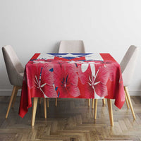 Red hibiscus-pattern tablecloth with a blue-and-white accent panel