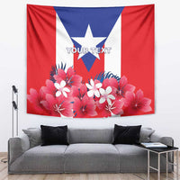 Centered Puerto Rico coat of arms tapestry, red and blue stars with pink flowers and custom text