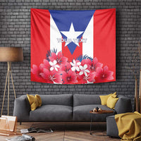 Hanging Puerto Rico coat of arms tapestry with red, blue, white flowers and stars, custom text