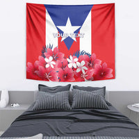 Puerto Rico tapestry with red flag panels, blue shield star, pink flower display, custom text