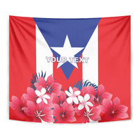 Close-up Puerto Rico coat of arms tapestry with blue star shield, pink flowers, custom text